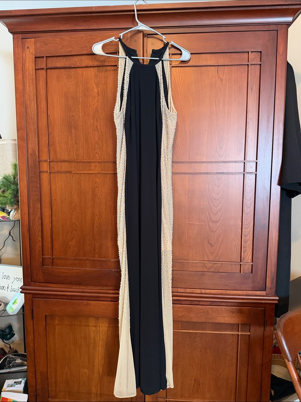 Xscape Black and Cream Beaded Halter Prom Dress
